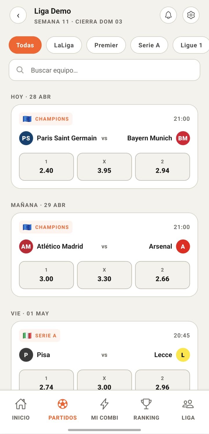 Lista de partidos disponibles en PickLeague con cuotas reales: Champions, LaLiga, Premier, Serie A.
