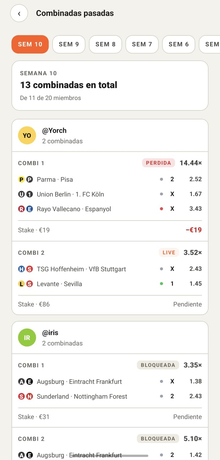Vista de combinadas pasadas en PickLeague con resultados ganados, perdidos y en directo.