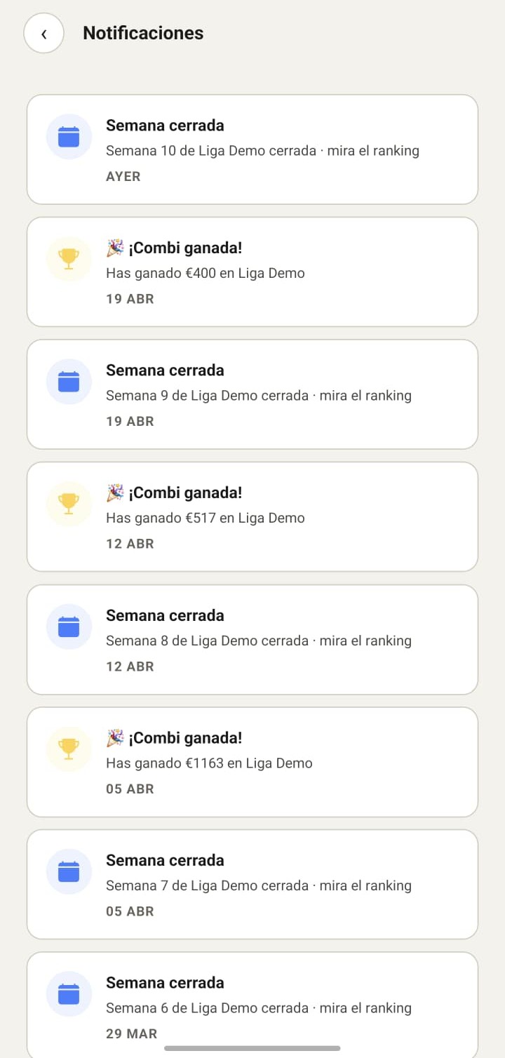Centro de notificaciones de PickLeague con avisos de combis ganadas y semanas cerradas.